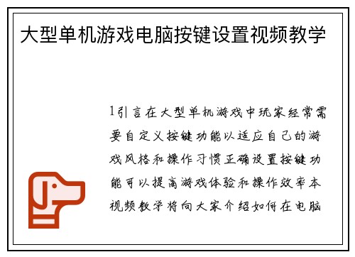 大型单机游戏电脑按键设置视频教学