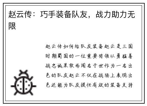 赵云传：巧手装备队友，战力助力无限