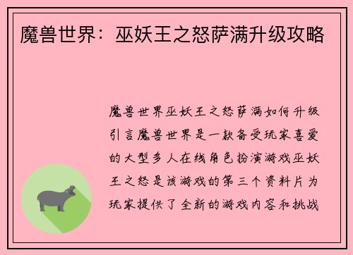 魔兽世界：巫妖王之怒萨满升级攻略